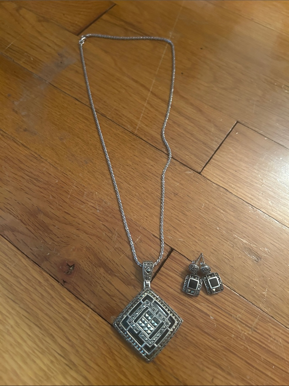 Brighton Silver Necklace and Black Stone Square Pendant with Matching Earrings